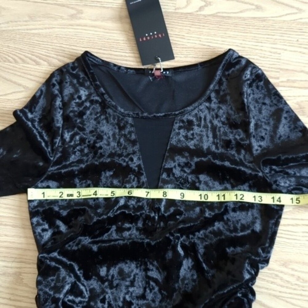 Goth Black Velvet Stretch Bodycon 3/4 Sleeve Mesh Crewneck Midi Dress Medium - Picture 7 of 8